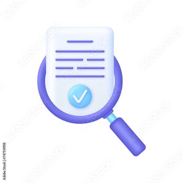 Obraz 3D Evaluate result icon. File and magnifying glass. Concept of analyze project. Magnifier evaluation checklist icon