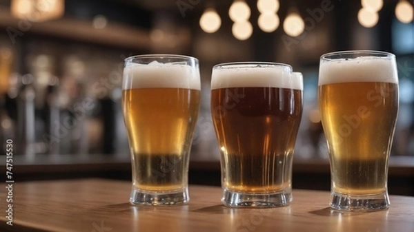 Fototapeta Draft Beer Glasses On Bar, Blurred Background.