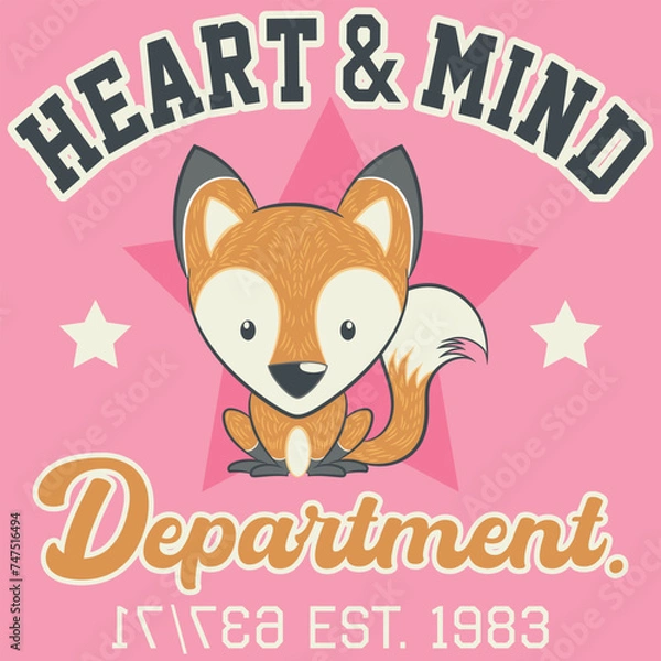 Fototapeta Cute fox mascot design with pastel colors in a college or varsity style with patch numbers and a textured background, either for wrapping or for textile. fashion design