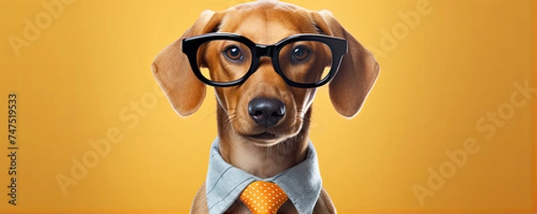 Fototapeta Funny dog in glasses with tie on blue background.