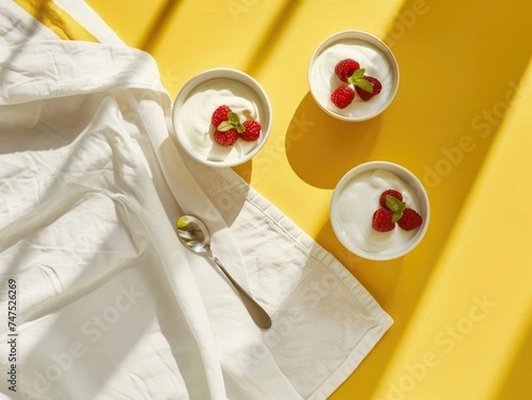 Fototapeta Bowls with yogurt and berries, spoon and towel on minimalist background