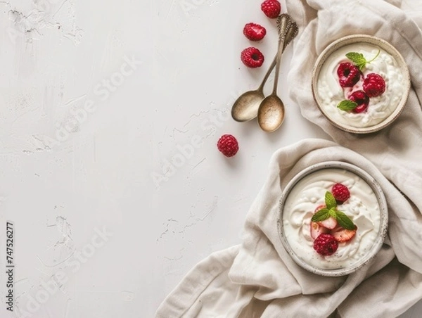Fototapeta Bowls with yogurt and berries, spoon and towel on minimalist background
