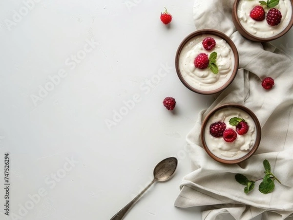 Fototapeta Bowls with yogurt and berries, spoon and towel on minimalist background