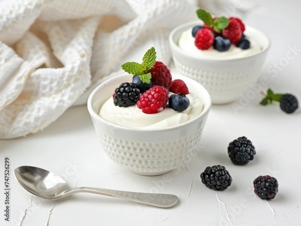 Fototapeta Bowls with yogurt and berries, spoon and towel on minimalist background