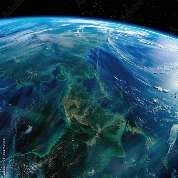 Fototapeta Close up of Earth from space showcasing the vibrant blues and greens of natural ecosystems against urban expanses