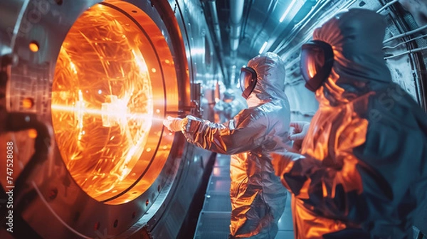 Fototapeta Engineers in advanced protective suits observing a nuclear fusion reaction bright and intense energy beams converging in the center