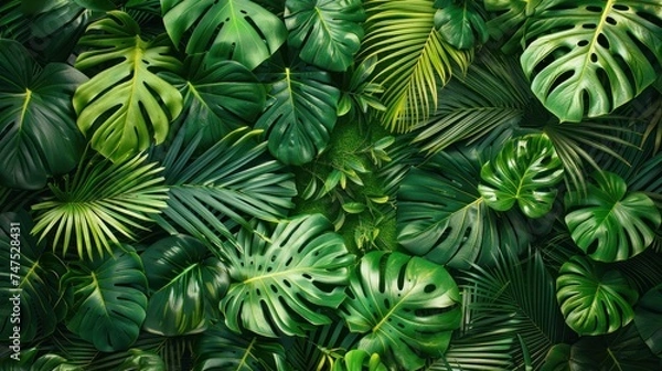 Fototapeta Abstract background of green palm leaves, flat lay