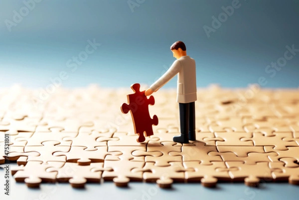 Fototapeta Man with Puzzle Piece in Desert