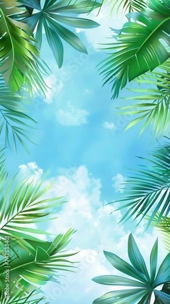 Fototapeta Palm sunday concept: Leaves frame of coconut branches with cloudy blue sky background