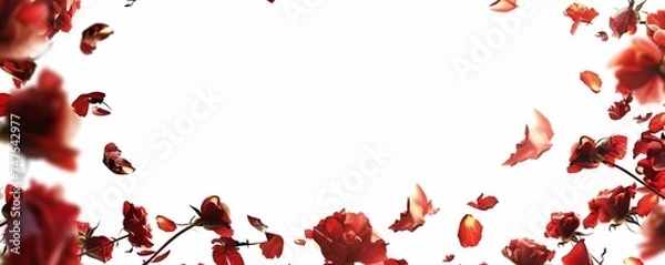 Fototapeta red roses flowers and petals isolated on white background. Valentine's day Floral frame composition. Empty copy text space.