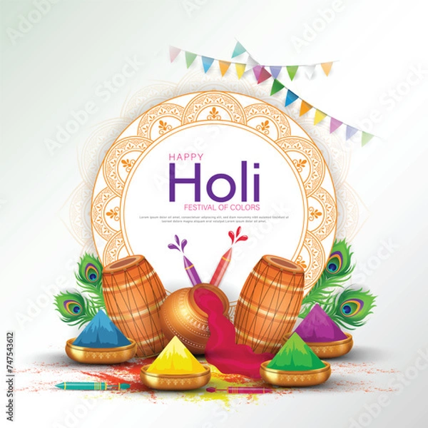 Fototapeta Happy holi festival poster template with holi powder color bowls on white background.
