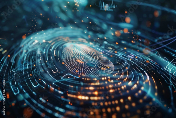 Fototapeta A digital image of a fingerprint surrounded by numbers and lines