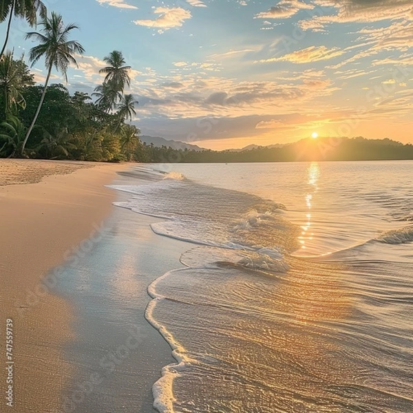 Obraz Beautiful sunrise over the sea on the beach with a beautiful large and long sandy beach with palm trees