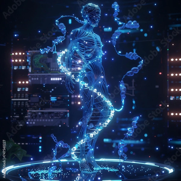 Fototapeta A conceptual digital representation of a virtual digital human body structure with DNA strands in a futuristic technological background.