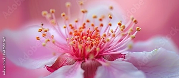 Fototapeta This photo showcases a detailed close-up of a pink and white flower.
