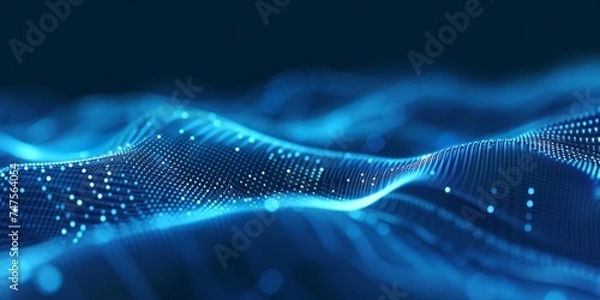 Fototapeta Abstract waves from particles and lines of blue futuristic beautiful flying glowing magical energy with blur effect. Abstract blue background.