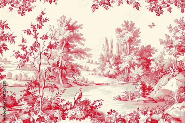 Obraz Traditional Red Toile Seamless Pattern.