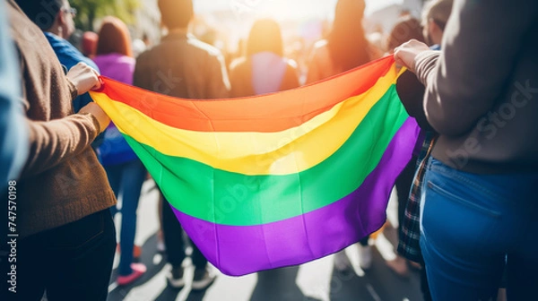 Obraz group of people holding hands on lgbt flag