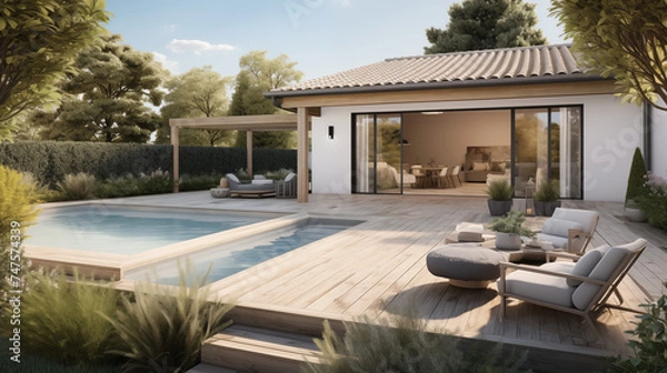 Fototapeta Render 3d, wizualizacja pięknego tarasu. Ogród w luksusowym domu z basenem i leżakami. Inspiracje architektura. Pomysł na urządzenie wnętrza