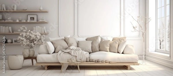 Fototapeta A stylish living room featuring a sleek white couch and a modern coffee table. The room is designed in a Scandinavian style, with clean lines and a minimalist aesthetic.
