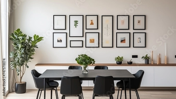 Fototapeta Nowoczesna kuchnia w stylu skandynawskim z drewnianymi meblami. Biała ściana - mockup na obraz. Render 3d. Szablon na grafikę lub plakat. Zestaw ramek