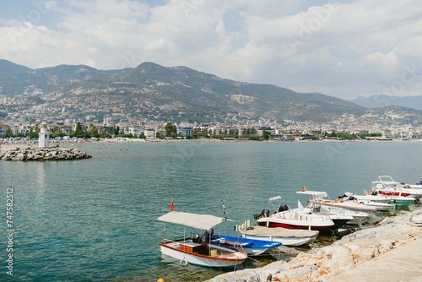 Fototapeta Boats docked on calm waters with a scenic town backdrop under a clear sky