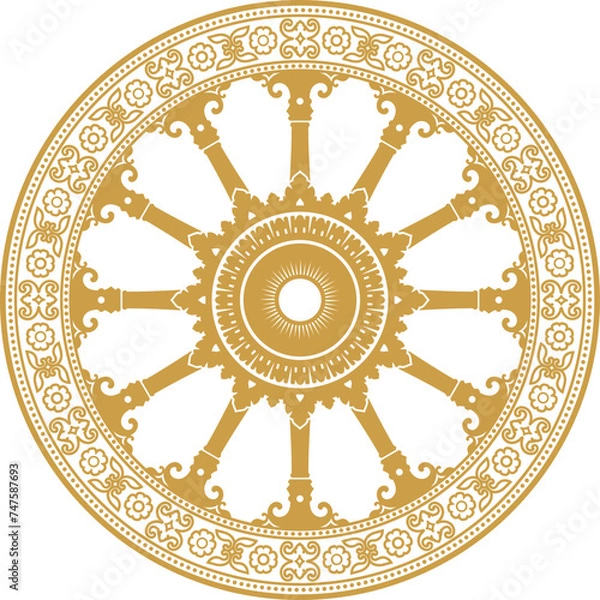 Fototapeta Dharma Wheel, Buddhism Thammajak, Dharmachakra Symbol. Isolated Flat Element