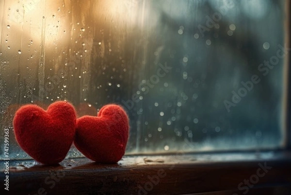 Fototapeta Cozy winter romance symbolized by sparkling hearts and a gentle candle's flame.