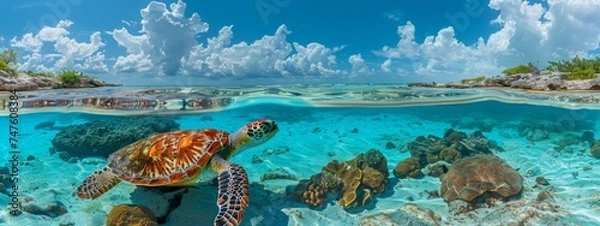 Obraz Photo A sea turtle swims in the ocean.