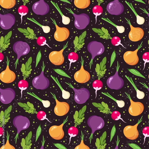 Fototapeta Vector vegetables pattern with flat style onions, beans and dots on dark background