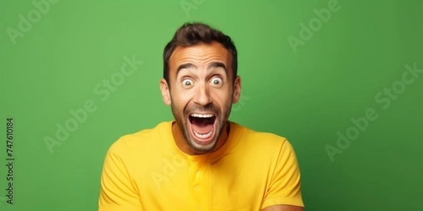 Fototapeta Excited young man in a yellow shirt with a shocked expression, green backdrop. Concept of surprise announcement, unexpected news, joyful reaction, promotional content. Wide banner with copy space
