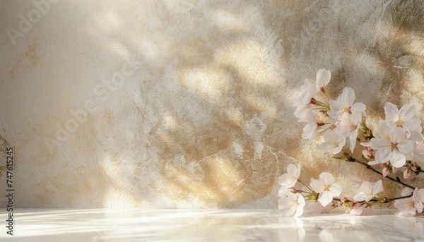 Fototapeta White cherry blossoms with soft shadows and light patterns on a textured background. The beauty of spring and the transient nature of life. for print, posters, brochures, covers,background. Copy space