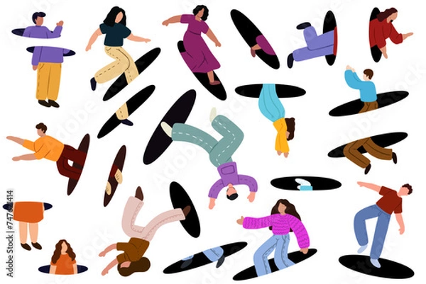 Obraz People jumping through portals, teleporting. People coming holes. Characters flying, entrance and exit. Search, explore concept. Flat graphic vector illustration EPS10