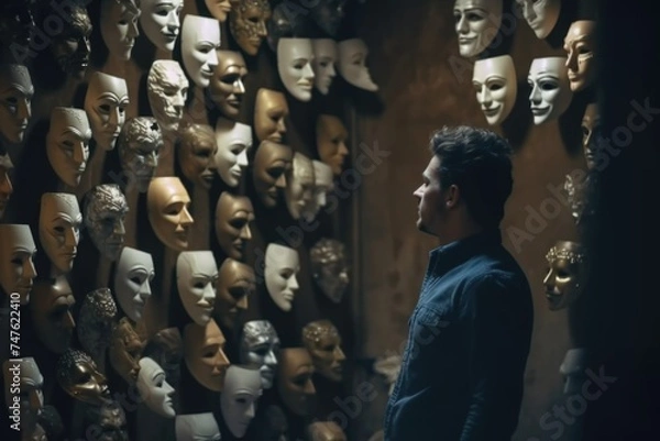 Obraz Fake emotion, character roles, intricate interplay of masks, moods, psychological defense mechanisms performed role-playing, concealing false visage for defense, theater Psychology psychoanalysis
