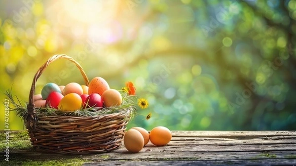 Fototapeta Basket of colorful chicken eggs on a wooden table in the chicken farm