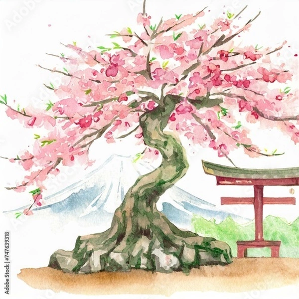 Obraz 桜と鳥居と富士山の水彩画