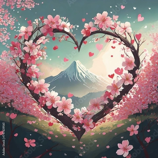Obraz ハートの桜と山