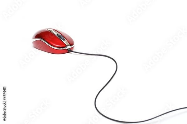 Obraz red computer mouse with cable against white background