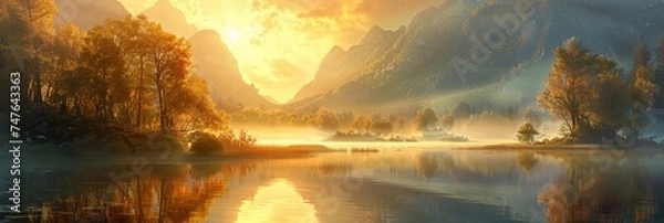 Obraz Golden Sunrise Over Misty Mountains: Serene Lake Reflections in a Secluded Valley