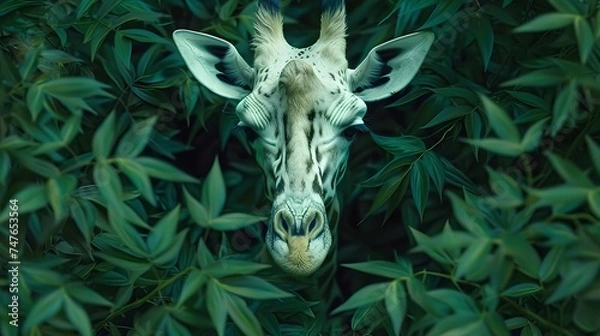 Fototapeta Leafy Encounter: Close-Up of a Giraffe Emerging from Green Foliage