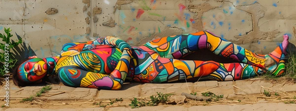 Fototapeta A person's body transformed into a canvas adorned with vibrant street art, showcasing the merging of personal identity and urban creativity. Generative ai.