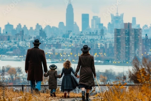 Fototapeta Family Enjoying Scenic View of City Skyline from Park Bench During Autumn Season