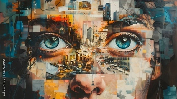 Fototapeta Life's Mosaic: Close-Up Portrait with a Face Composed of Memories