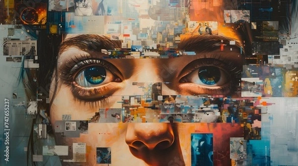 Fototapeta Life's Mosaic: Close-Up Portrait with a Face Composed of Memories