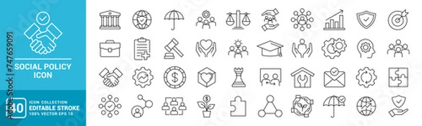 Fototapeta Collection of social policy icons, security, government, welfare, protection, family, vector template editable stroke EPS 10.
