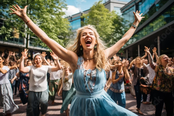 Obraz A flash mob performance in a busy public square, with dancers and musicians coming together to raise awareness about climate change and environmental degradation.