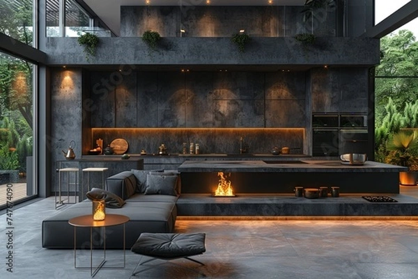 Fototapeta modern grey kitchen, dark and brooding designer, flat. Generative AI