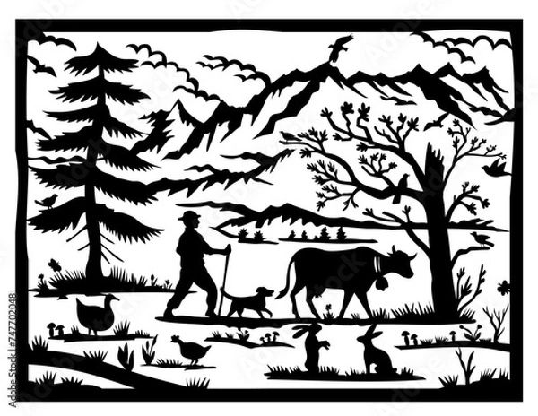 Obraz Swiss scherenschnitte or scissors cut illustration of silhouette of Swiss alps with fir tree and farmer, cow, dog, rabbit, goose, butterfly, mountains and birds done in paper cut decoupage style.