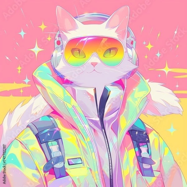 Fototapeta Fantasy character with a cat head and headphones, a reflective jacket, and colorful design. Created with Generative AI technology