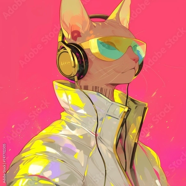 Fototapeta Fantasy character with a cat head and headphones, a reflective jacket, and colorful design. Created with Generative AI technology